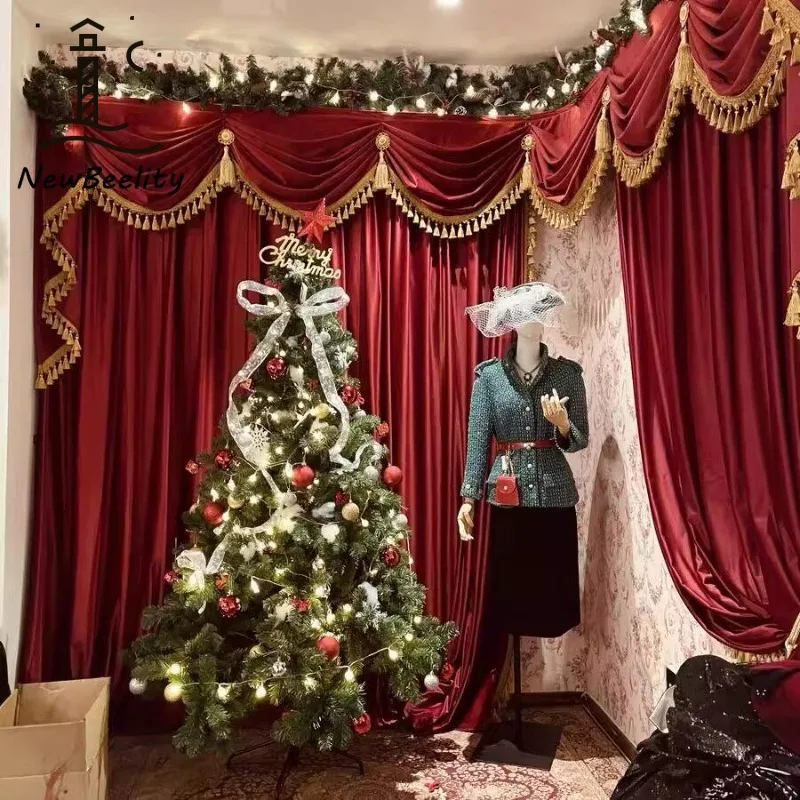 American-style Living Room Christmas Decoration Burgundy Curtains for Dining Room Bedroom Solid Color Thickened Velvet Valance