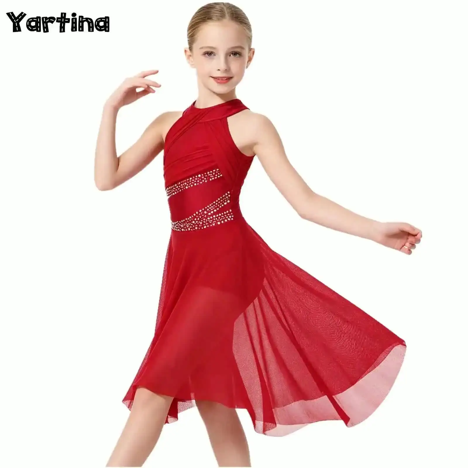 Traje de Dança Contemporânea, Lírico, Ballet e Ginástica Rítmica para Meninas Pequenas, com Strass, Collant, Jersey de Patinação, Vestido de Tango e Valsa
