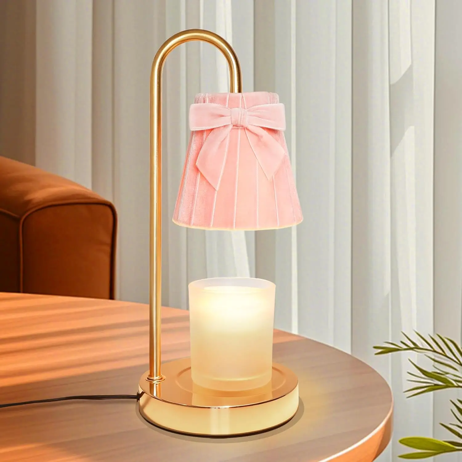 

Candle Warmer Lamp with Timer, Dimmable Wax Warmer with Adjustable Brightness, Velvet Lampshade & Bow Design, Gifts for