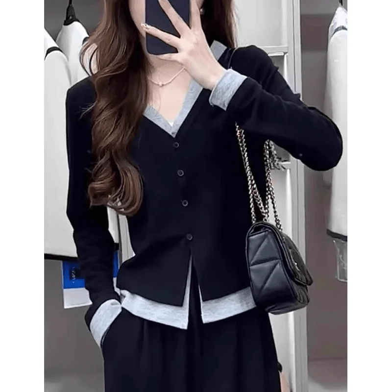 

Black V-Neck Long Sleeve Knitted T-Shirt Women's Base Layer Shirt Slimming Cardigan Top plus Size Autumn New Style