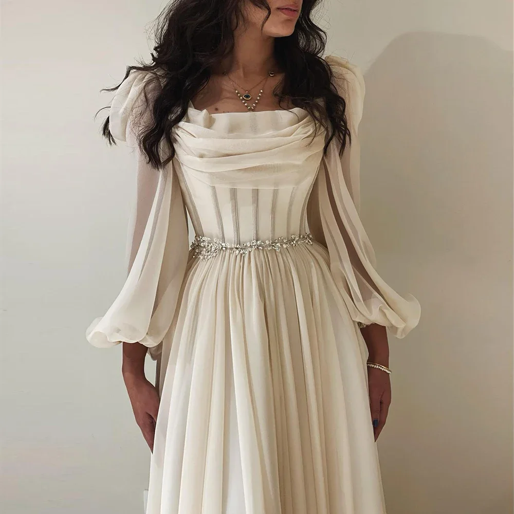 Vestido de noite curto chiffon com cinto para mulheres, comprimento chá, midi curto, vestidos de casamento formal, vestido de baile árabe, mangas compridas