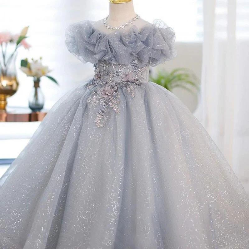 Sequins Gala Robe Dresses for Girls Kids Pageant Teenagers Communion Outfit Banquet Wedding Gown Performance Vestidos Children