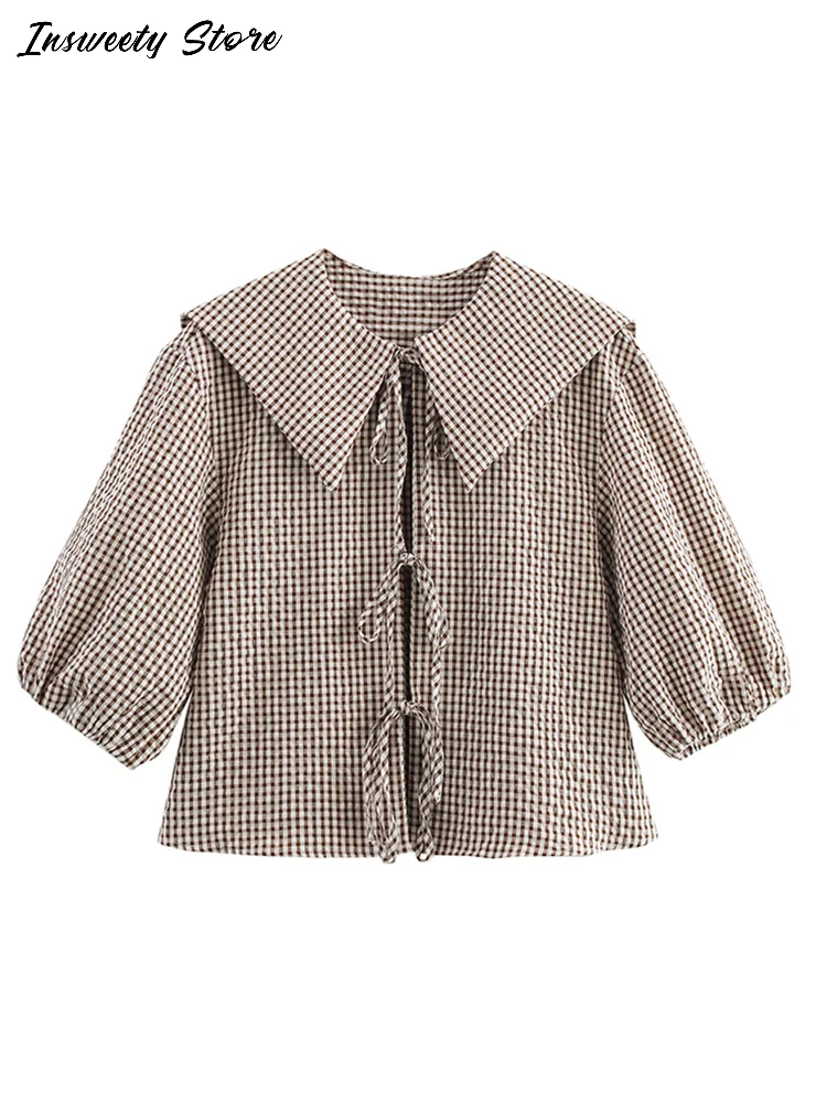 

Plaid Print Puff Sleeve Shirt Women's Turn-down Collar Lace-up Half Sleeve Blouse 2025 Spring New Lady Vintage Fashion Shirts
