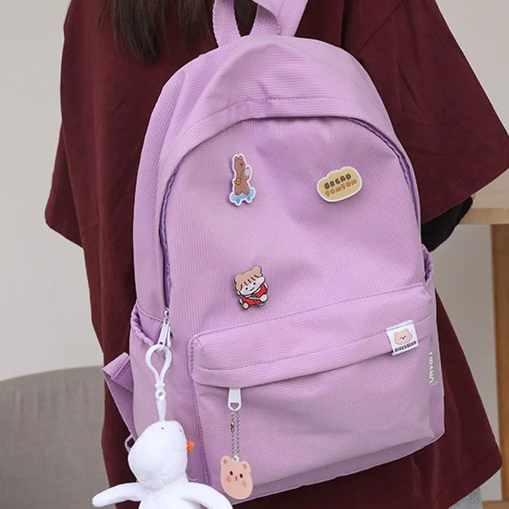 Mochila de ombro duplo impermeável, Multi bolso lazer saco escolar com pingente dos desenhos animados, estético moda casual sacos para estudantes