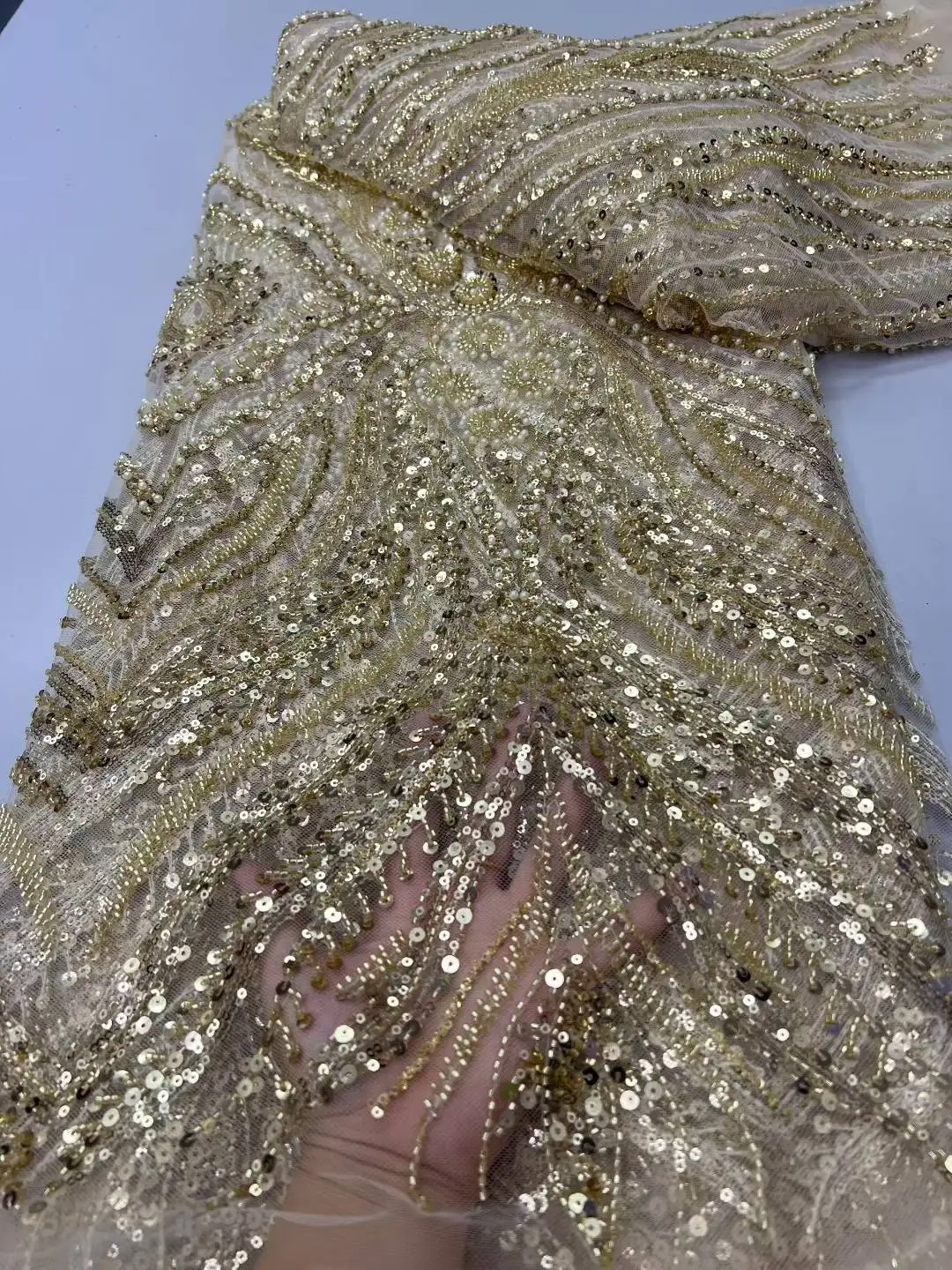 

Latest African Lace Fabric, Luxury French Sequins, Mesh Lace Fabric, High-end Handmade Beaded for Wedding, 2025