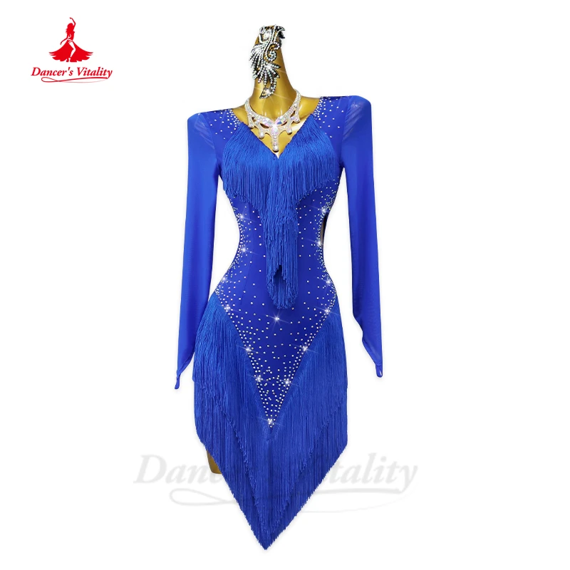 Vestido de baile latino para mujer, faldas profesionales de licra, mangas largas, personalizadas, Rumba, Chacha, Tango, actuación