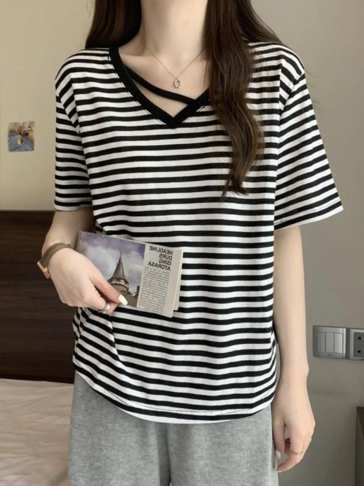 

Summer plus Size Women's T-irt Casual Splice Medium Length ort Sve Faionable Loose Slimming Top Commute Sle Classi...
