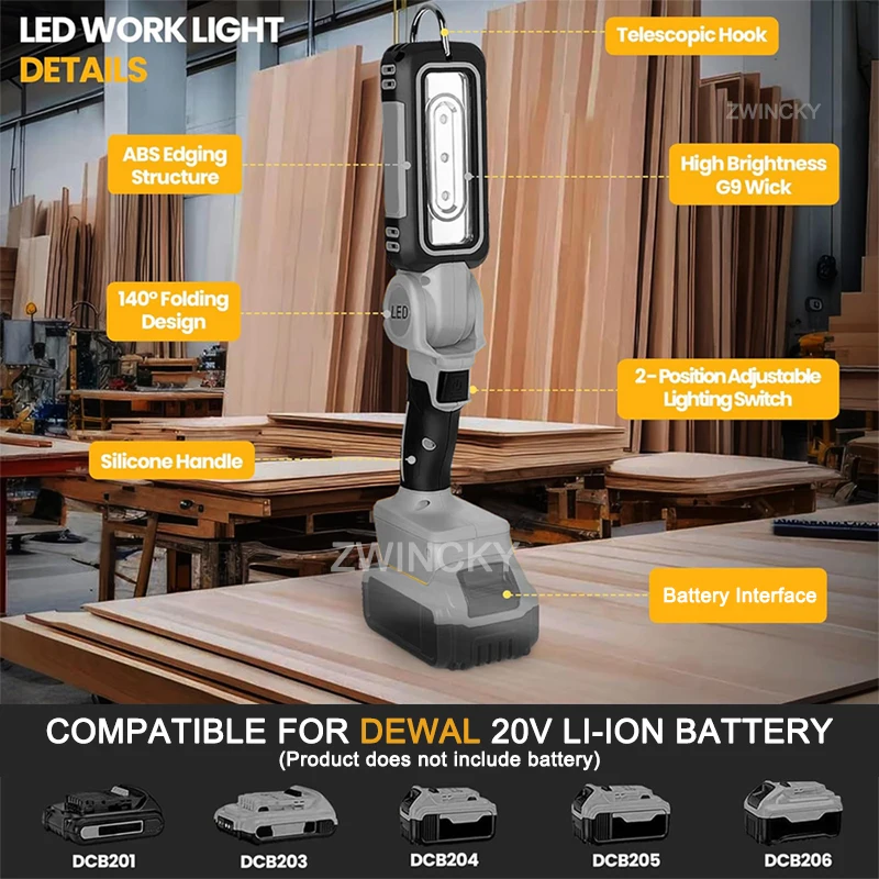 for Makita/Dewal/Milwaukee 18V Battery LED Work Light With Hook Two Levels Adjustable Camp Light Portable Emergency Flashlight