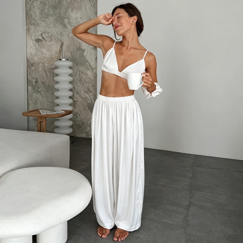 

Flowy Wide Leg Pants Loungewear Suit Women Smooth Satin V Neck Crop Cami Elastic Waist Casual Home Travel Outfit