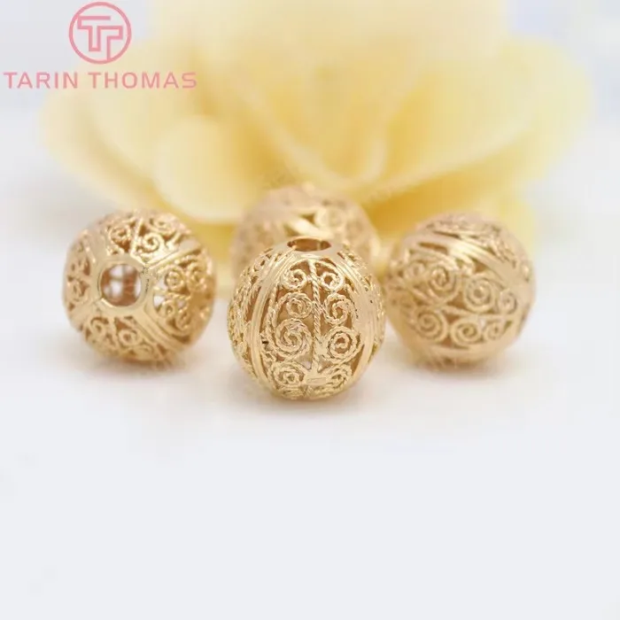 (2932)4PCS 17MM 24K Gold Color Plated Brass Round Hollow Spacer Beads Bracelet Beads High Quality Jewelry Accessories