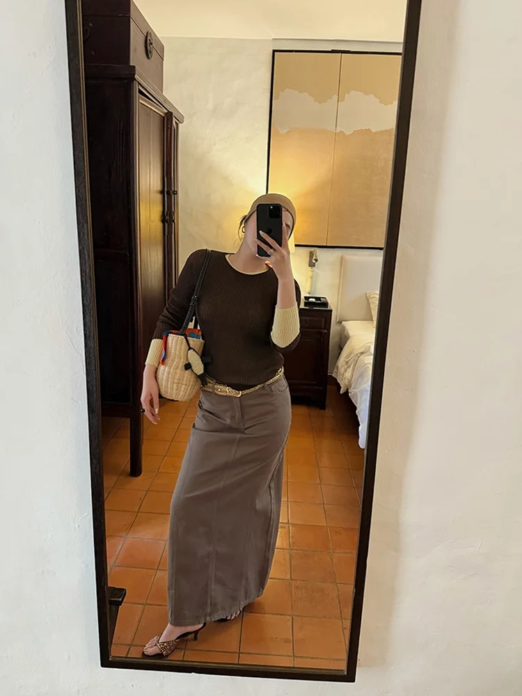 

Желтый длинный свек, прозрачный женский облегающий топ кофейного цвета, деловой повседневный вязаный свитер без рукавов, весна 2024, Новое поступление