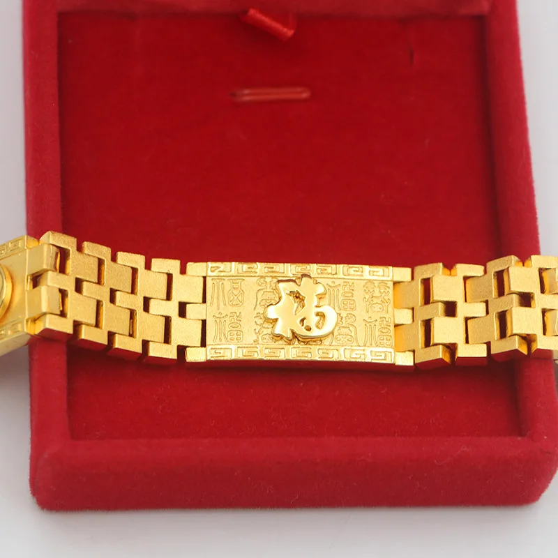 Real 14K Gold Fu Character Watch Strap Chain Bracelet Pure Open Classic Domineering Watch Chain Bangle for Men Fine Jewelry Gift
