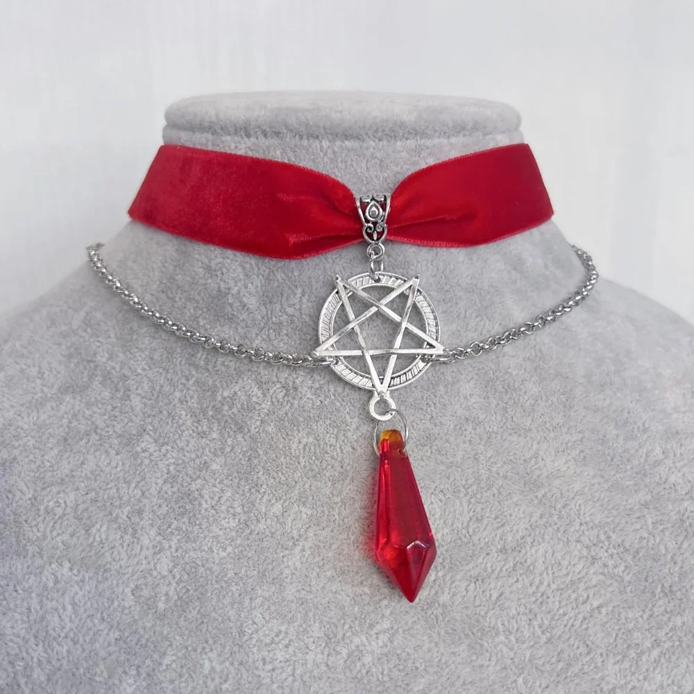 Gothic Pentagram and Crystal Pendant Necklace Jewelry