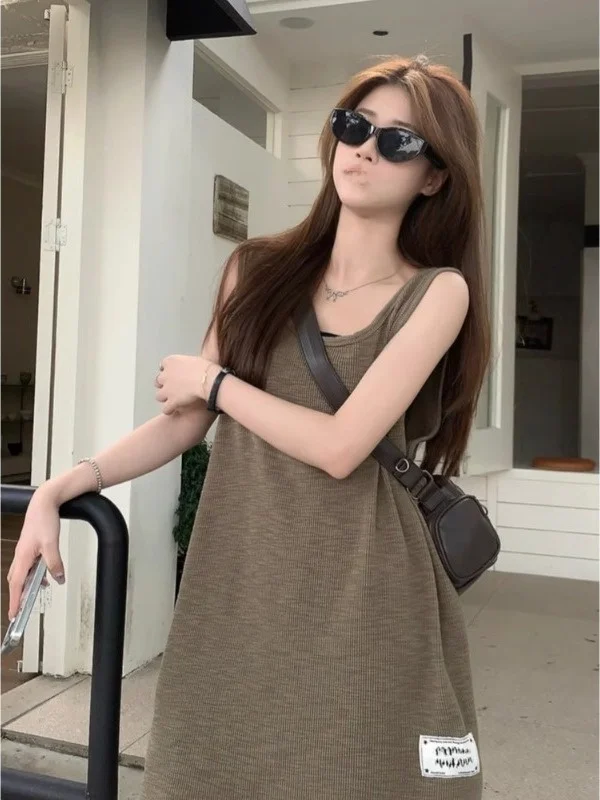 Summer New Fashion American Retro Lazy Style Loose Casual Versatile Long Vest Strap Top Women's Loose Fit round Neck Top