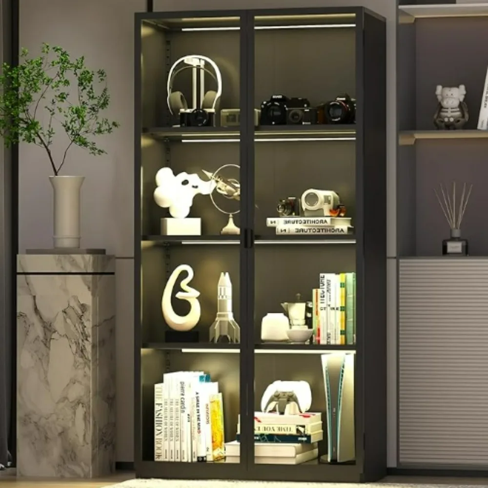 Display Cabinet with Glass Doors,Glass Display Cabinet with LED Light,Display Cabinets for Collectibles with 3 Adjustable Shelve