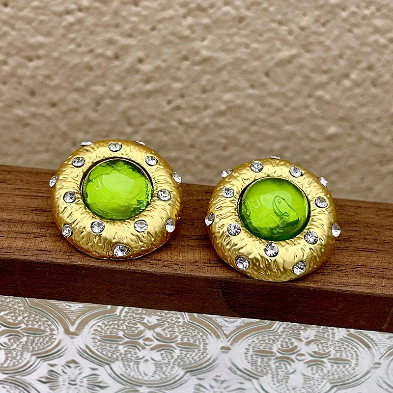 Vintage Court Temperament Green Crystal Sparkling Stud Earrings Round Earrings Exaggerated Luxury Gift for Women