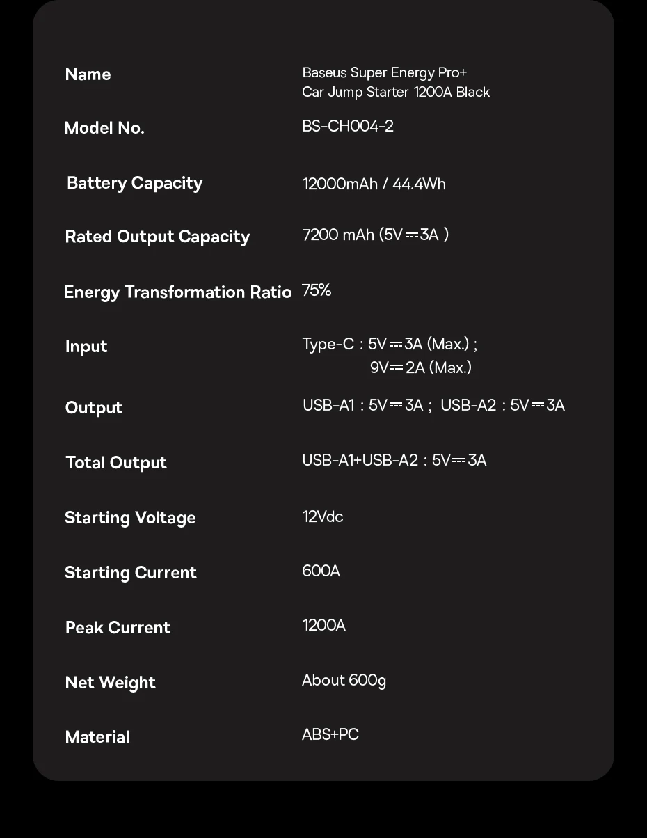 Baseus 1200A Auto Starthilfe Power Bank 12000 mAh Auto Batterie Booster für Diesel Benzin Auto Notstartgerät – Detail 21