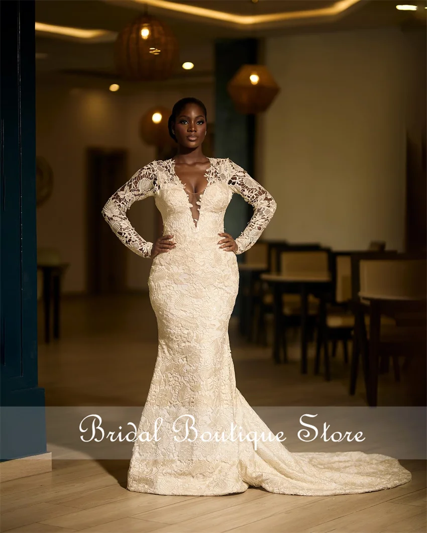 

Luxury Lace Wedding Dresses 2024 Long Sleeves Lace Appliques V-Neck Aso Ebi African Bridal Dress Vestidos De Novia Customized