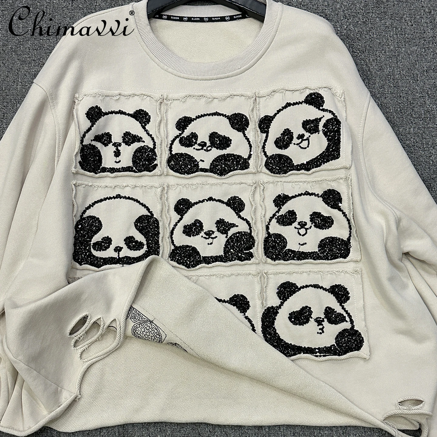 

Spring and Autumn Heavy Embroidery Patch Sequin Panda Round Neck Sweatshirt Women Fashion Long Sleeve Loose Casual Versatile Top