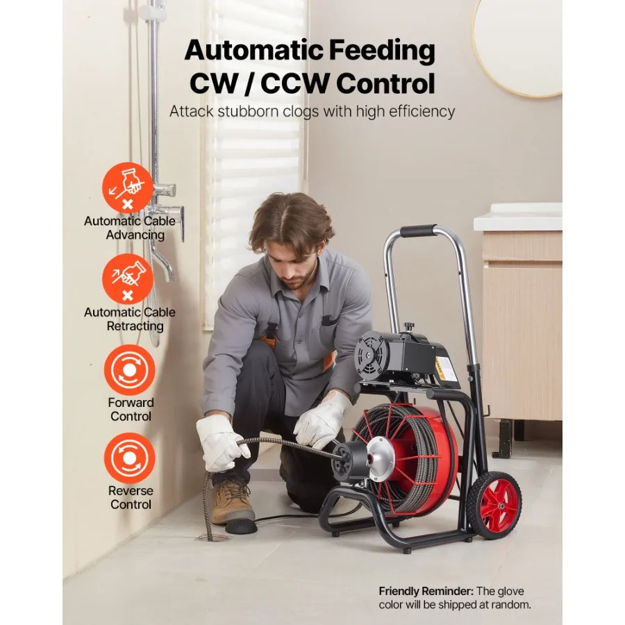 Drain Cleaner Machine 100 FT x 1/2 Inch Auto Feed Sewer Snake Auger on Wheels with 8 Cutters Air-Activated Foot Switch for 2