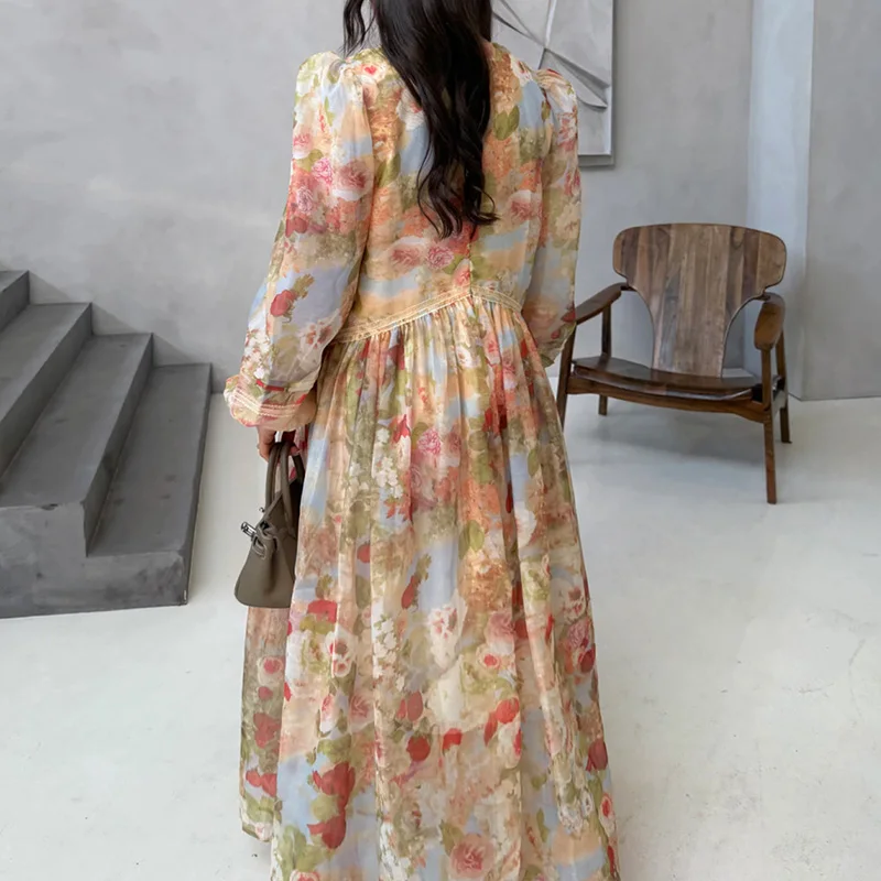 Robe française romantique à imprimé Floral, taille haute, décontractée, col en V, manches lanternes, robe de soirée, Design à la mode, plissée, ample