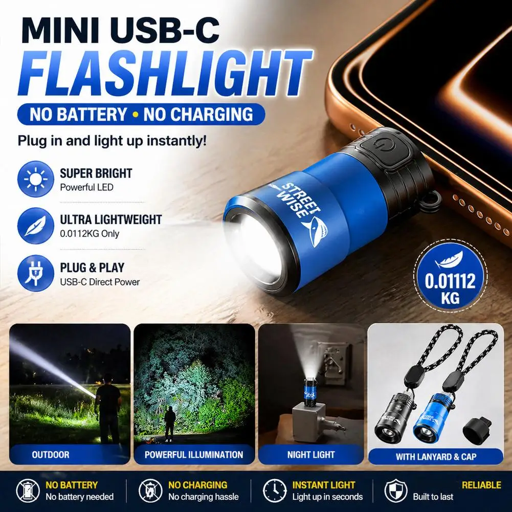 Type-C Mini Light Plug In Phone Flashlight No Battery Keychain Portable For Night Walk Reading Emergency