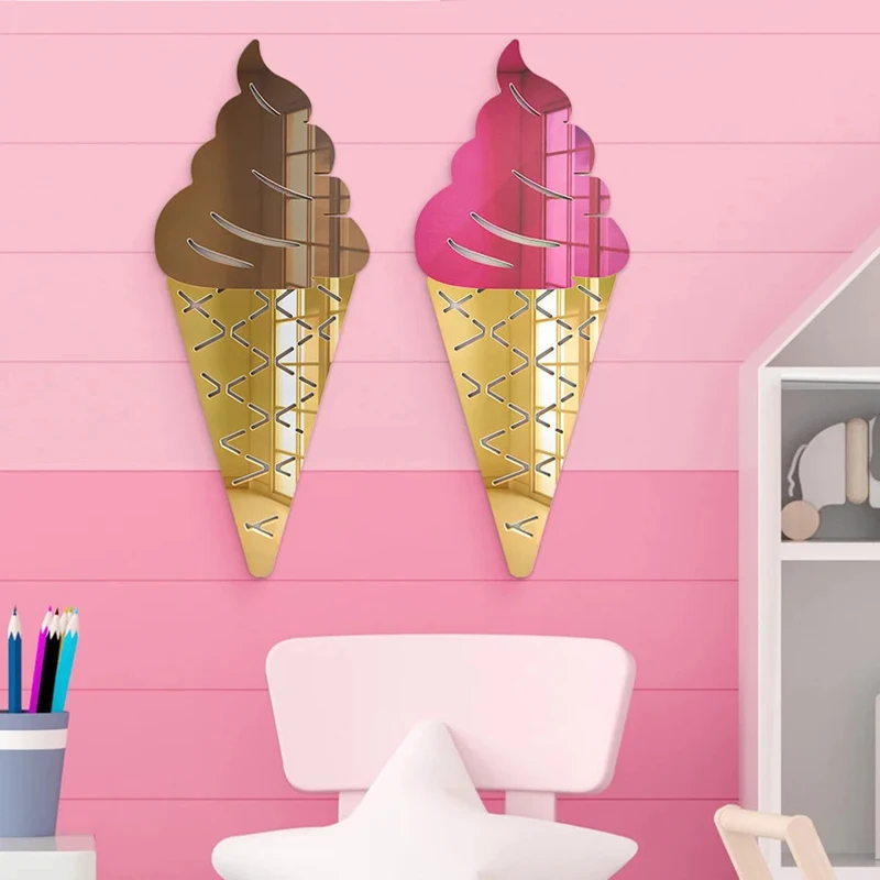 Acrylic Business Sign 3D Mirrored Ice Cream Cone Wall Art Decor Dessert Shop Logo Aesthetics Decor Ice Drink Store Opening Gifts