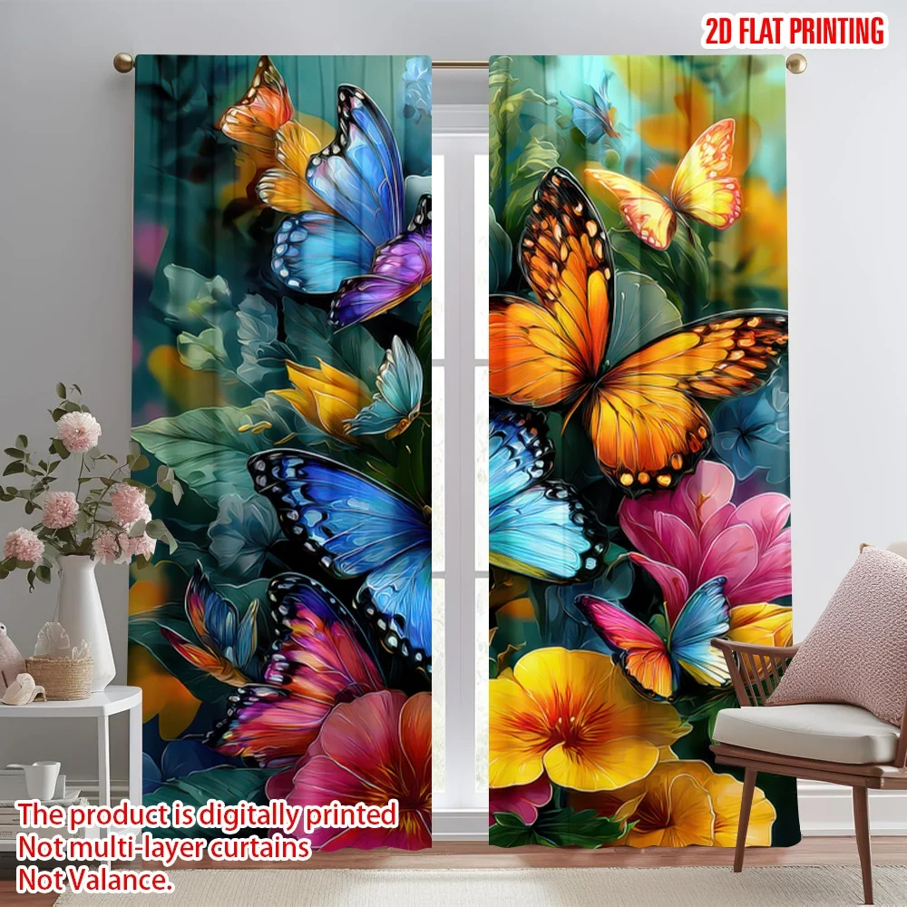 

2D flat printing 2pcs Window Curtains Butterflies Among Flowers Digital Printed Polyester Drapes Birthday Party Perfect for
