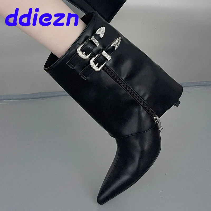 

New Footwear Designer Buckle Women Ankle Boots With Female Low Heel Shoes Fashion Pointed Toe Ladies Modern Short Booties Shoes