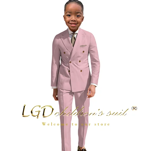 Imagen 2 del producto Traje Formal Beige de 2 piezas para niños, chaqueta y pantalones de doble botonadura personalizados elegantes para bodas, fiestas, vacaciones, informales