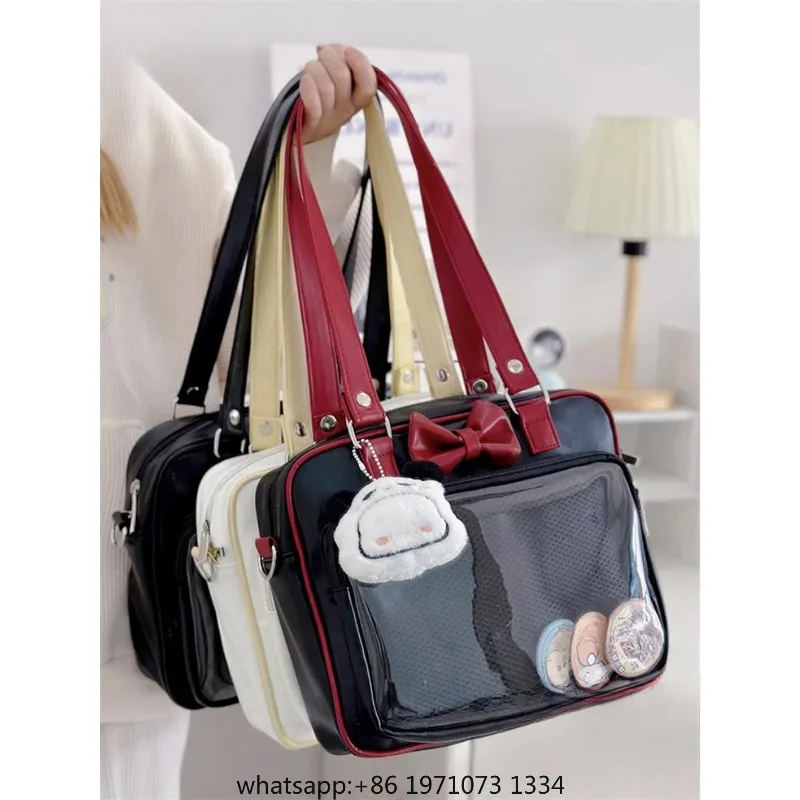 Japanese Style Kawaii PU Leather Itabag Women Transparent Pocket Bowknot Lolita Shoulder Bag Tote Handbags Women Ita Bag JK Girl