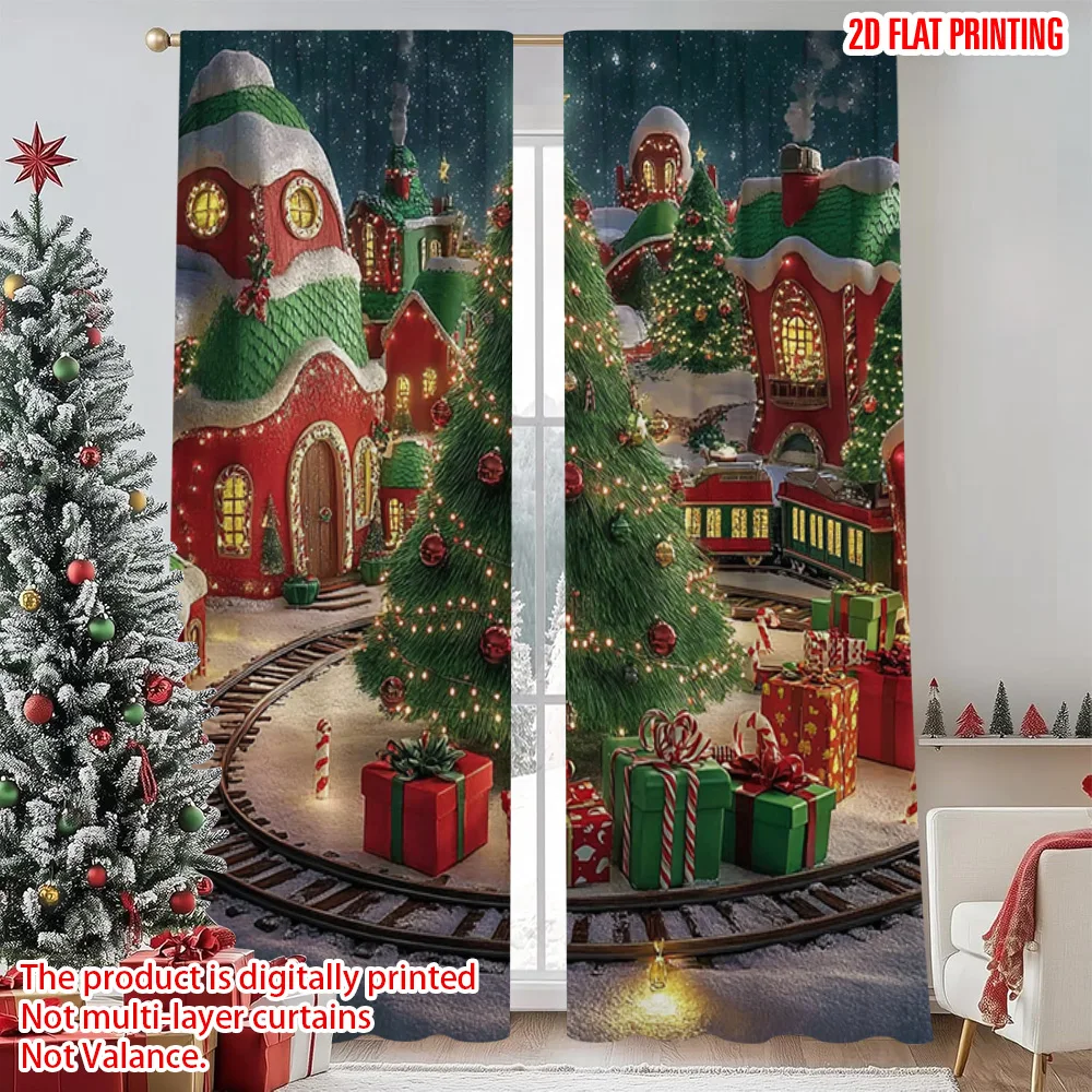 

2pcs 2D flat printing Merry Christmas Popular Curtains Fantasy Winter Snow Scene Christmas Tree Polyester Without Electricity