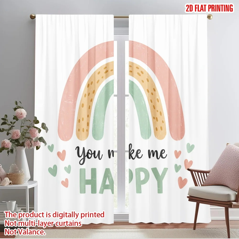 

2pcs 2D flat printing Scene Curtains Boho Rainbow Hearts Happiness 100% Polyester Fabric Without Electricity Party Decorations