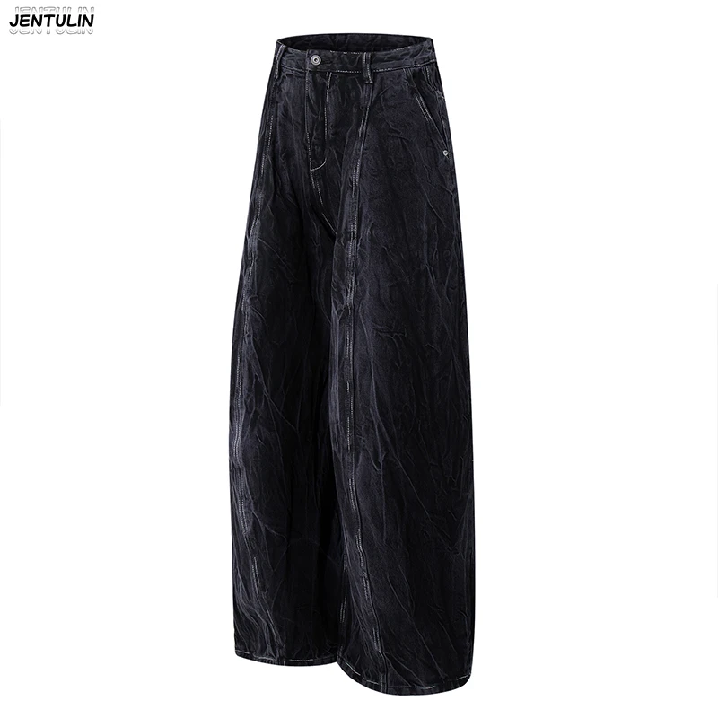 American Retro Silhouette Wide Leg Jeans For Men Vintage Split Loose Curved Pants Men's Streetwear Y2k Oversized Loose Jeans