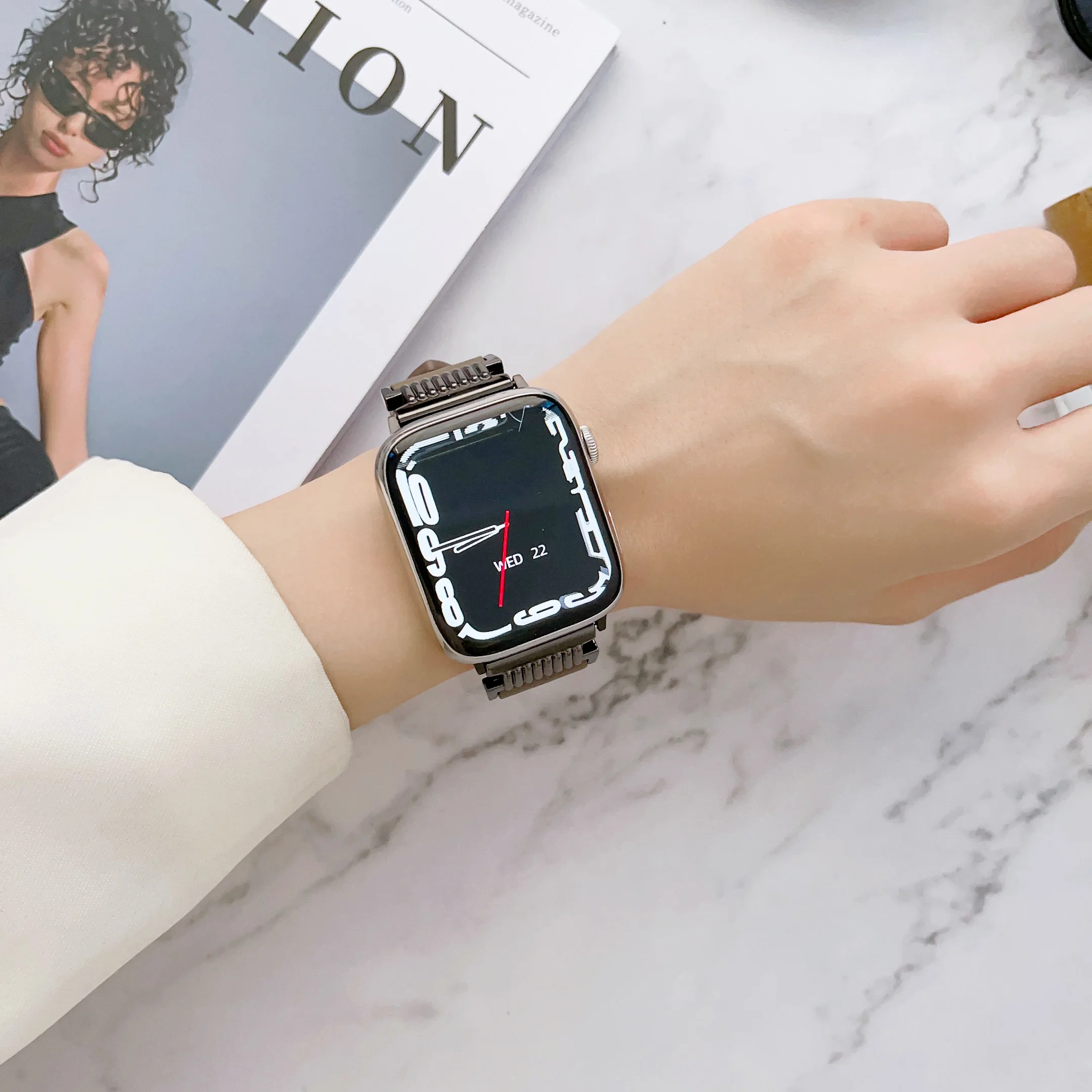 애플 워치용 가죽 스트랩, 스테인레스 스틸 스티칭, 아이워치 8, 7, 6/5, 49mm, 46mm, 38, 40, 41mm, 42, 44, 45mm