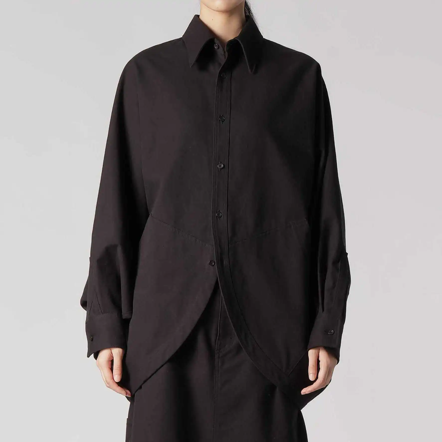 

YOJI OOAK Japanese original design, round hem with pleated pattern, long sleeved single breasted shirt, men's top