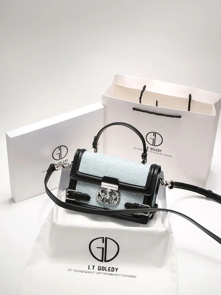 Vintage and Luxury Handheld Square Bag with Fashion Denim Canvas and High Quality Metal Lock Women's Newly Trendy Crossbody Bag