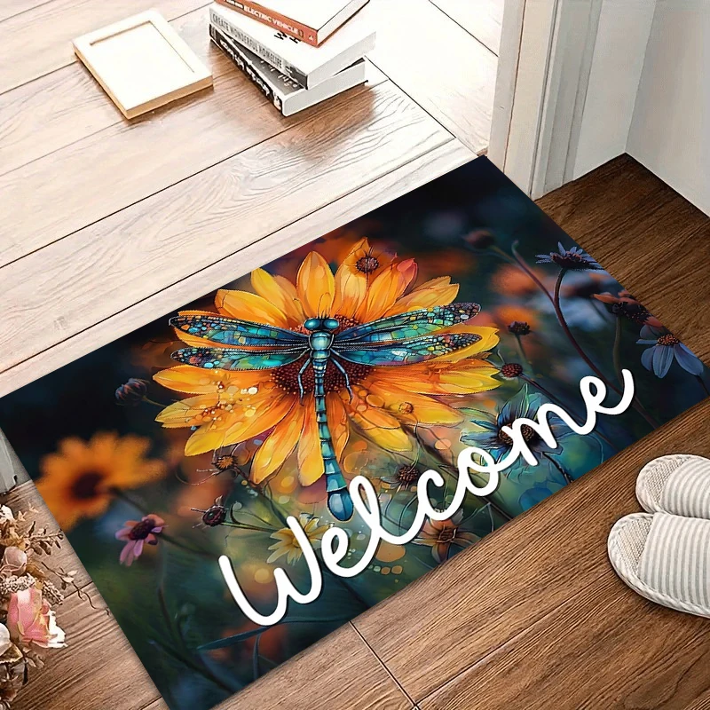 Welcome Doormat Dragonfly Sunflower Flower Floor Mat Home Decor Rug Living Room Bedroom Entrance Welcome Mat