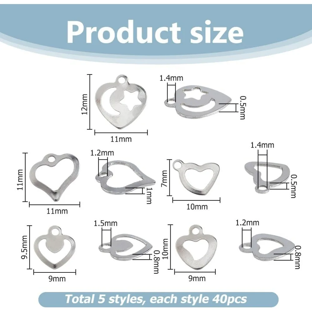 200 шт., крошечные подвески в виде любви из нержавеющей стали, 5 стилей, подвеска в виде полого сердца, подвески с открытым сердцем, плавающие подвески, подвески для ювелирных изделий