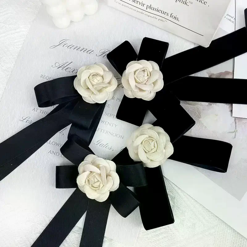 New Black Bowtie Ribbon Bow Brooch Fabric Camellia Flower Brooch Pins Vintage Wedding Party Brooches For Women Accessories