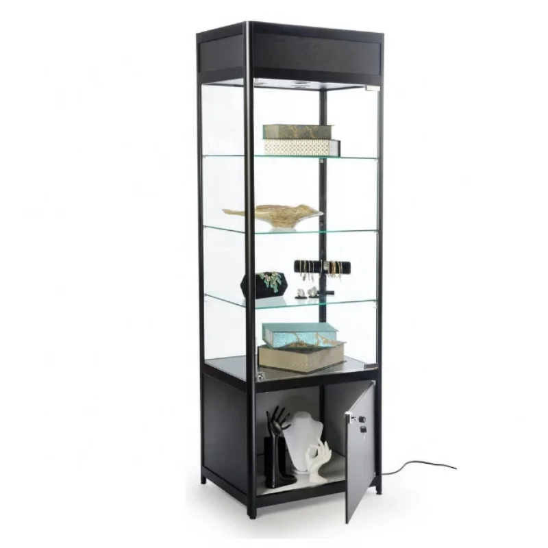 custom.Floor Standing Tower Display Showcase Wooden Tall Display Cabinet 3 Glass Shelves Display