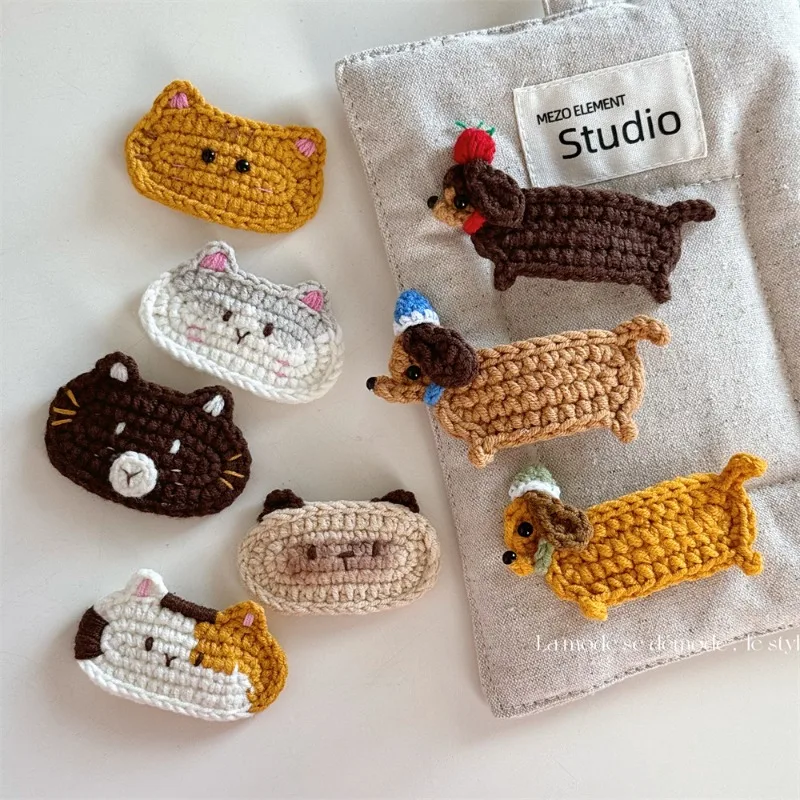 

Adorable Yellow Brown Knitted Animal Hair Clips Cat Dog Design for Little Girl Side Flyaway Holders Handcrafted Hair Accessories