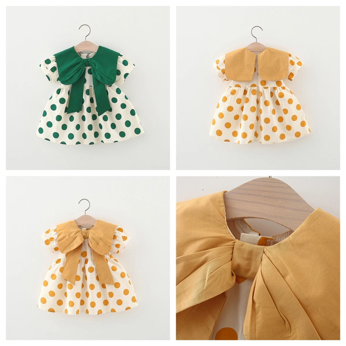 

Children's Dress Summer Baby Girl Summer Dress Bow Big Flip Collar Dot Print Bubble Sleeves Princess Dress