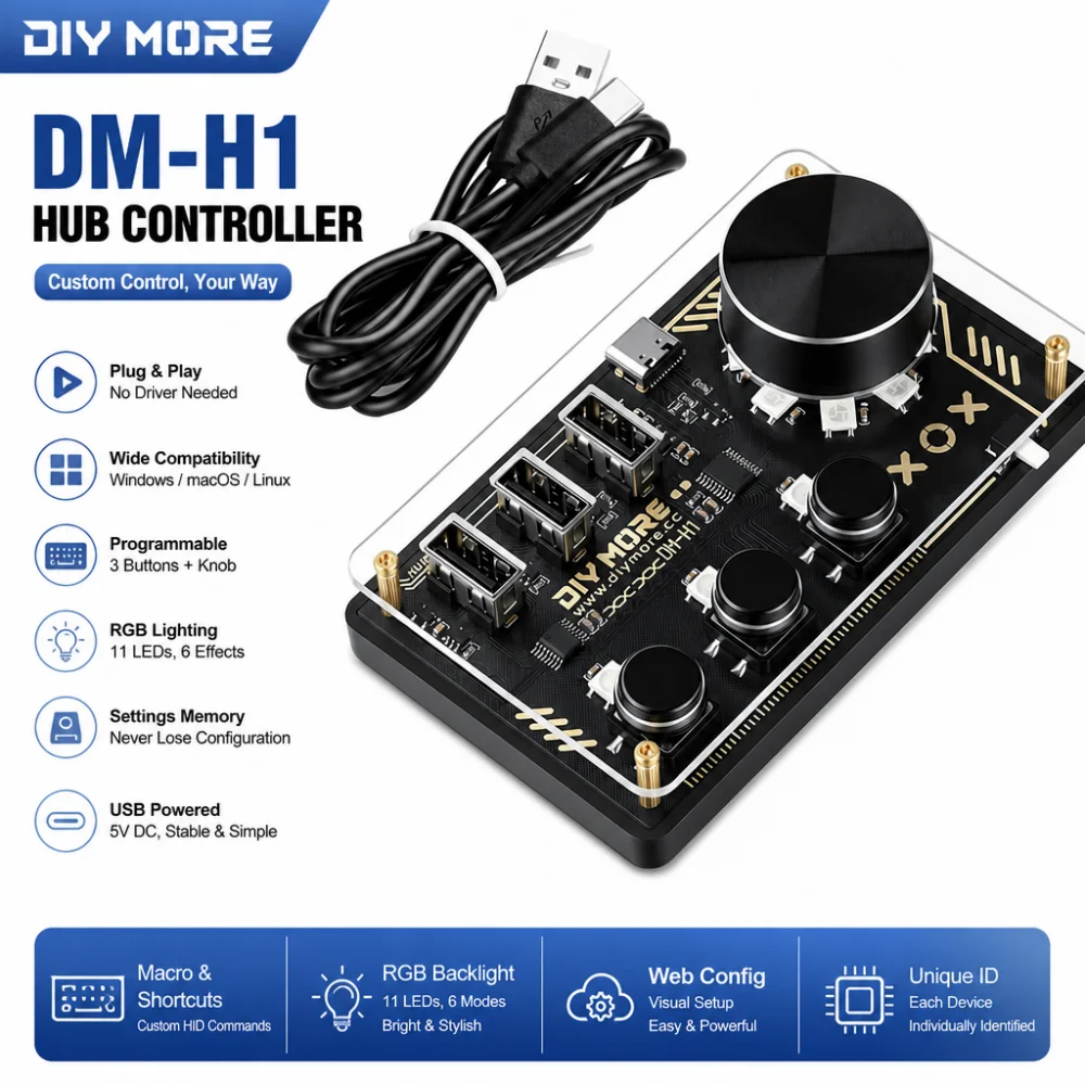 DIYMORE HUB DM-H1 HID Controller, 5V DC desktop controller, hub, 3 programmable buttons + 11 RGB LEDs, Type-C port