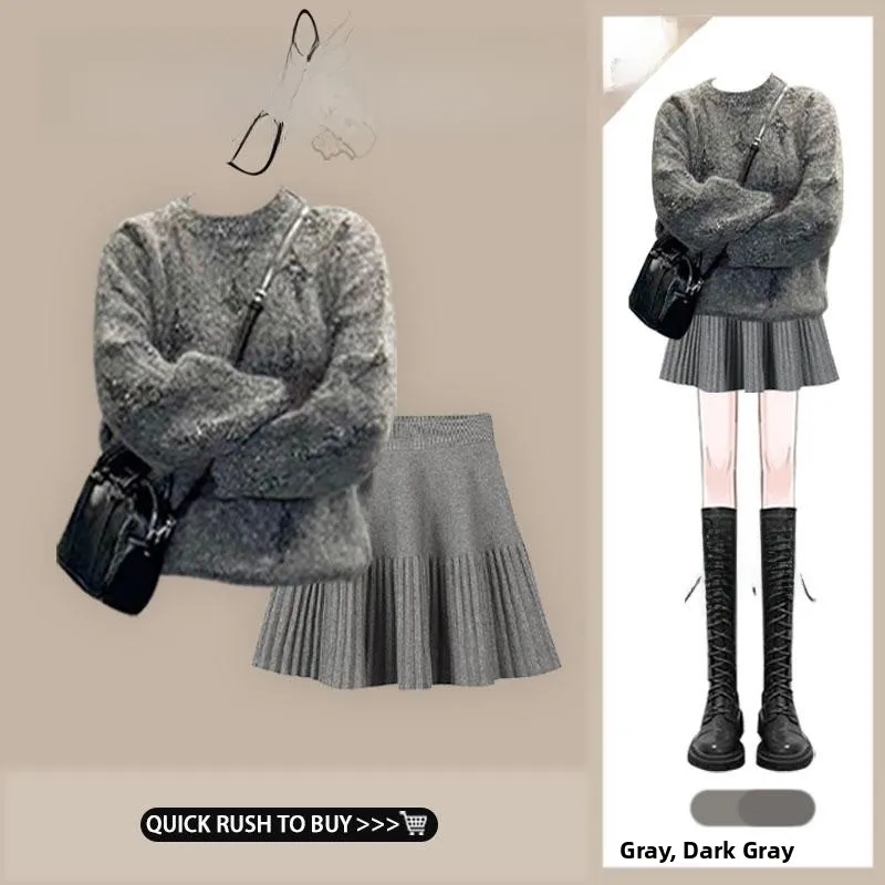 

Мягкий вязаный свитер с вышивкой и юбка с высокой талией для женщин, осенне-зимний комплект: удобный топ с длинным рукавом и круглым вырезом