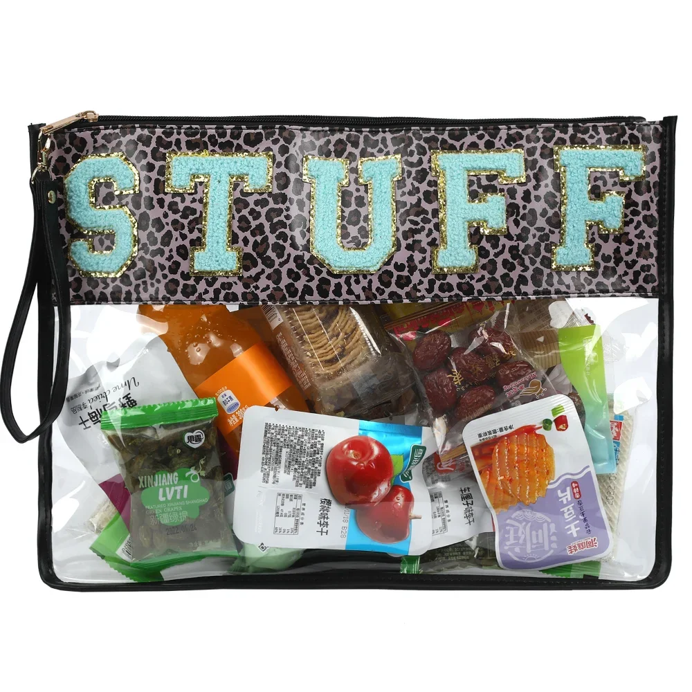 Letter Patches Clear PVC Cosmetic Bag Women Personalized Transparent Travel Make Up Pouches Sewn on Patches Snacks Bag Organizer