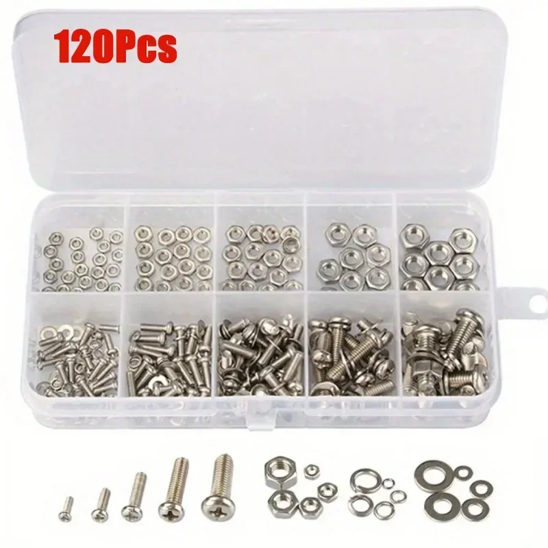 120pcs Stainless Steel Screws Bolts and Nuts Set Phillips Round Head Screw Snap-In Nuts M2 M2.5 M3 M4 M5 for DIY Repair Screws