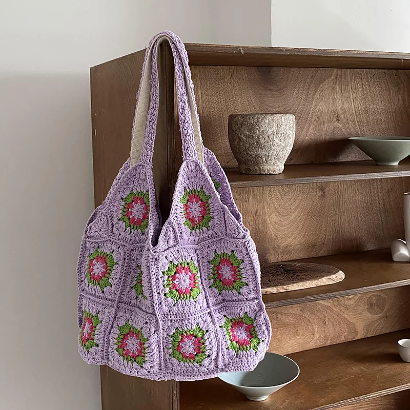 New Ethnic Hand Knitted Bag Bohemian Female Women\'s Shoulder Crossbody Bag Casual Totes Handmade Hollow Out Crochet Bag