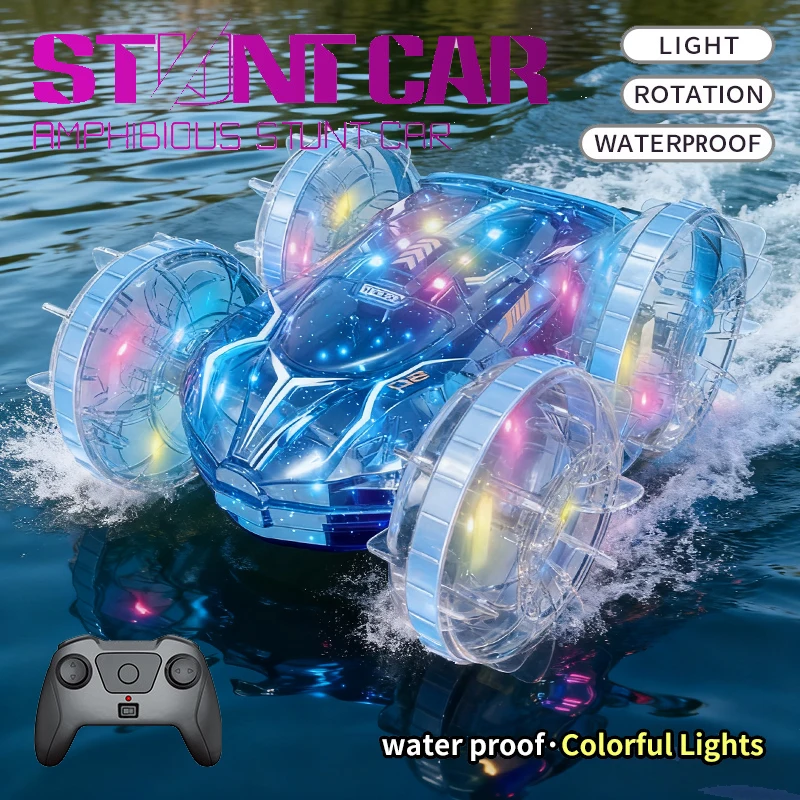 

Remote Control Car Rc Stunt Car Drift Racing Vehicle 2.4G 5Ch Double-Sided Amphibious Cars Transparent Lights Electric Toys Boys