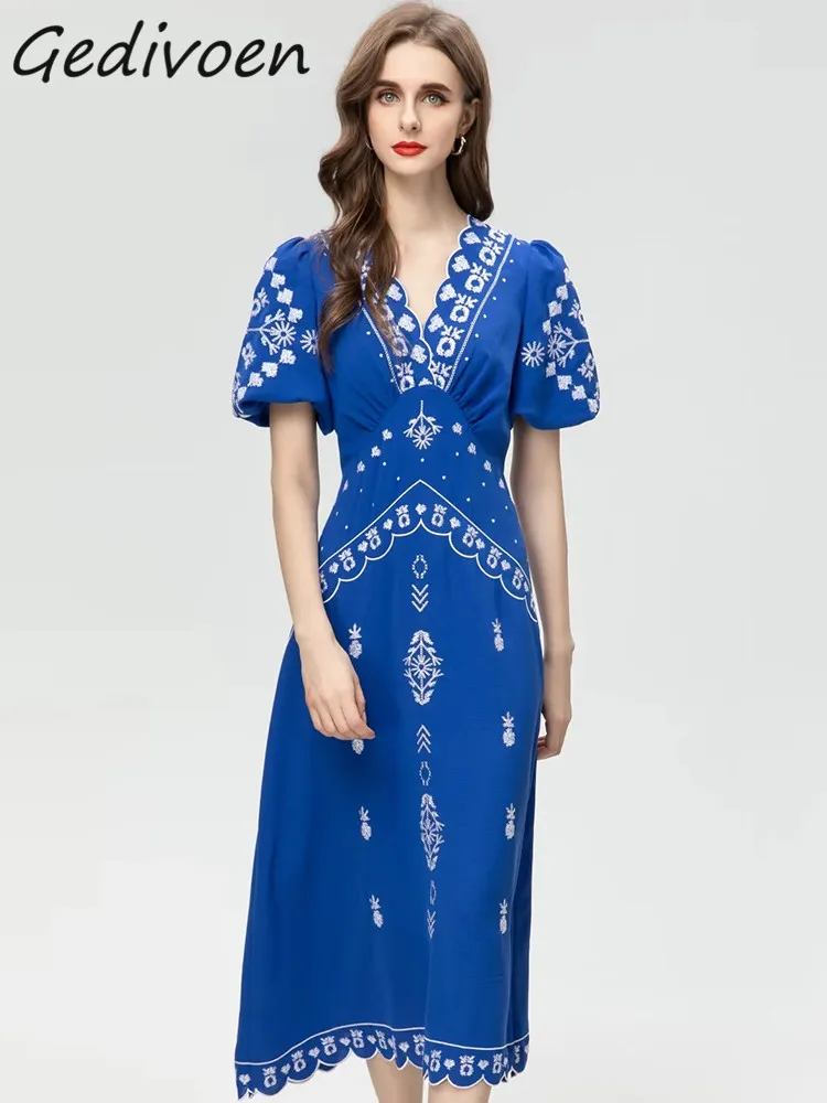 

Gedivoen Autumn Fashion Runway Vintage Hit Color Dress Women Lantern Sleeve Embroidery Holiday Party High Waist Slim Long Dress